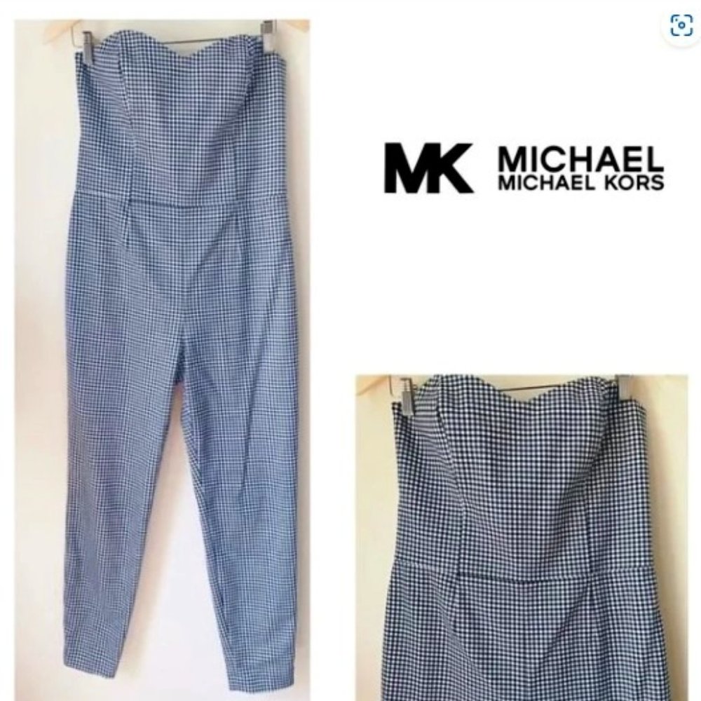 MICHAEL KORS Navy Gingham Strapless Skinny Leg Jumpsuit 6